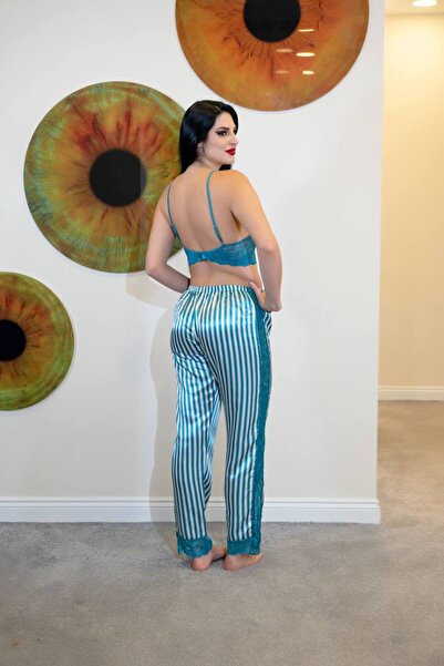 Lama Lingerie 2li çizgi desenli saten kadın pijama takımı