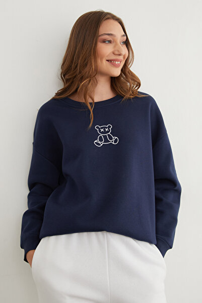 Fulla Moda 3 İplik Ayıcık Baskılı Bisiklet Yaka Sweatshirt