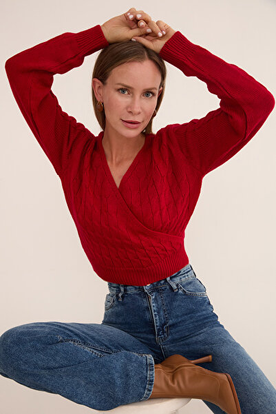 Fulla Moda Hair Braid Patterned Double Breasted Collar Knitwear Sweater