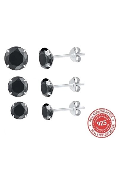 ASİL SİLVER ONLİNE 925 Ayar Gümüş 3 Çift (6 Adet) 4-5-6 mm Boyutlarında Siyah...