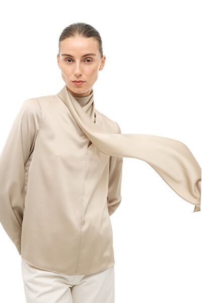 Perspective Beige Shawl Collar Blouse