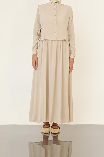 Loreen Women's Minimal Buttoned Belted Long Sleeve Maxi Dress-20691Elb - Beige