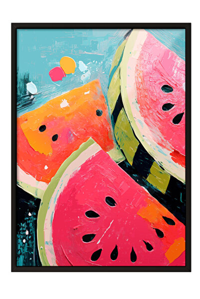 Zestia Tablou înrămat negru, felii de pepene verde în stil acuarelă, poster d...