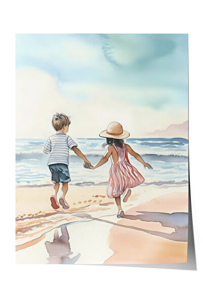 Zestia Poster fără ramă, Peisaj cu copii la malul mării, Poster decorativ pen...