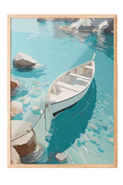 Zestia Tablou cu ramă din lemn, barcă albă pe mare, poster decorativ pentru s...