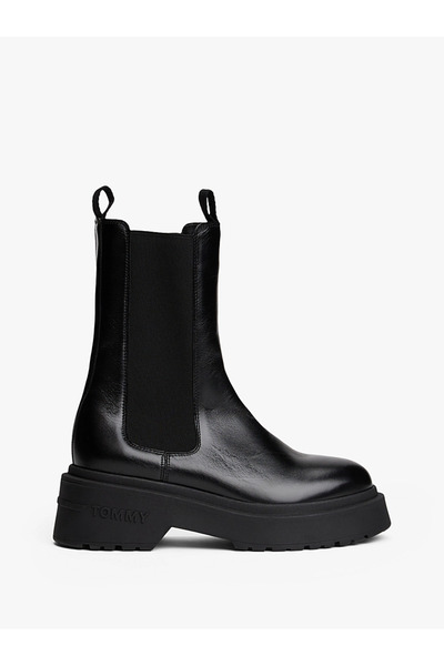 Tommy Hilfiger Kadın Pürüzsüz Deri Yüzeyli Platform Topuklu Şık Görünüşlü Siyah Bot & Bootie EN0EN02
