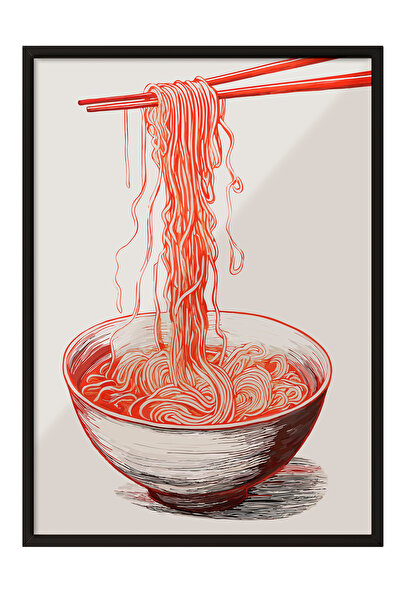 Zestia Tablou înrămat negru, ilustrație cu bol roșu de ramen, poster decorati...