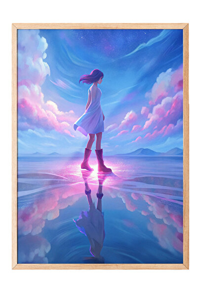 Zestia Tablou cu ramă din lemn, Design digital „Fata care merge pe cer”, Post...