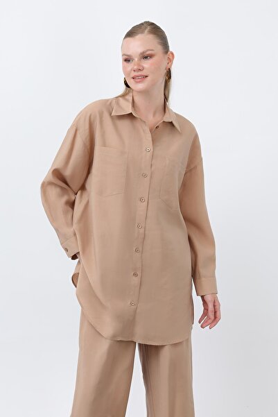 Puane Women's Front Pocket Detailed Shirt Pants Set - 14337Tks - Camel