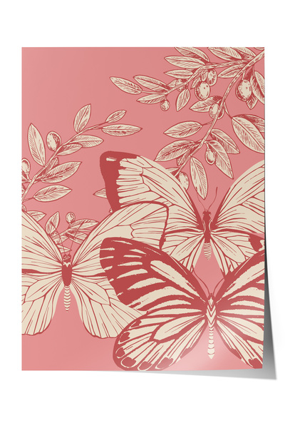 Zestia Poster fără ramă, ilustrație cu fluturi pe fundal roz, poster decorati...