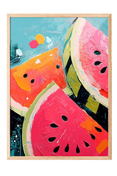 Zestia Tablou cu ramă din lemn, felii de pepene verde în stil acuarelă, poste...