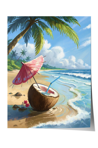 Zestia Poster fără ramă, Plajă tropicală și nucă de cocos, Poster decorativ p...