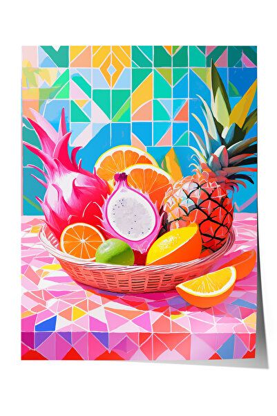 Zestia Poster fără ramă, design geometric cu fructe colorate, poster decorati...