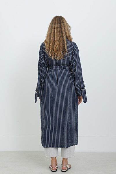 Puane Women's Belted Striped Tunic Shirt-10701Tun - Navy