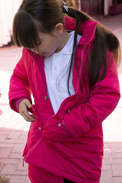 Cansın Mini Pink Padded Coat with Pockets, Fur Inside, Detachable Hood for Girls 21483