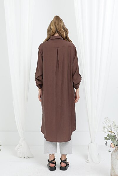 Puane Women's Long Shirt Tunic with Epaulettes on the Sleeves - 10685Tun - Brown