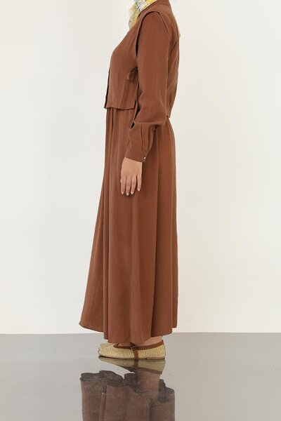 Loreen Γυναικείο μακρυμάνικο μάξι φόρεμα με μίνιμαλ κουμπιά-20691ELB - Καφέ