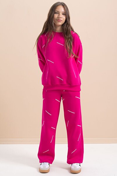 Cansın Mini Φούξια Κοριτσίστικο Σετ Φούτερ με Φαρδύ Πόδι με Σχέδιο 3 Νήματα 22646