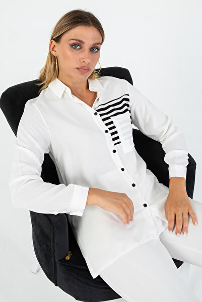 Nuevo Λευκό Γυναικείο Πουκάμισο με Λεπτομέρεια Ριγέ Σχέδιο και Τσέπες – Μακρυ...