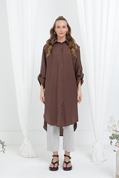 Puane Women's Long Shirt Tunic with Epaulettes on the Sleeves - 10685Tun - Brown