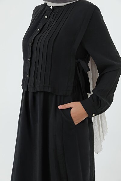 Loreen Γυναικείο φόρεμα με πλισέ με λεπτομέρειες και κουμπιά μπροστά – 20692ELB - Μαύρο