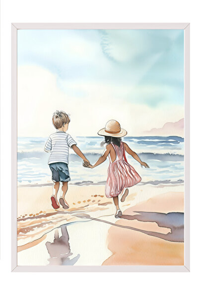 Zestia Tablou cu ramă albă, Peisaj cu copii la malul mării, Poster decorativ ...