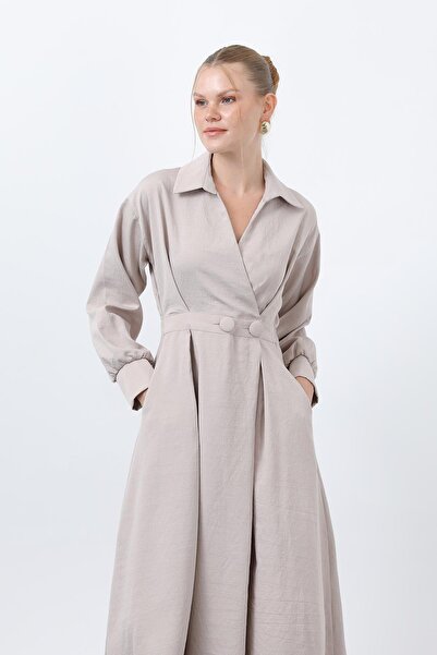 Loreen Γυναικείο φόρεμα με λεπτομέρεια με κουμπιά-20674ELB - Μπεζ