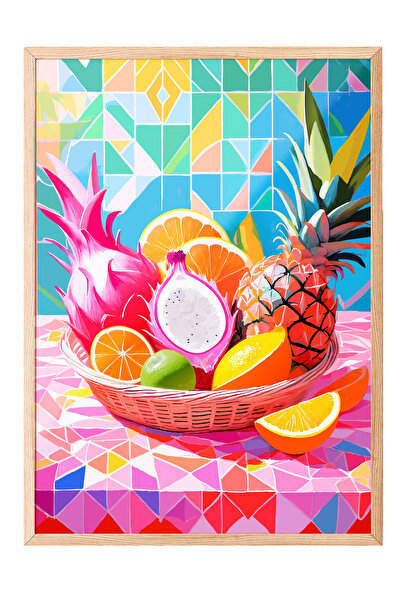 Zestia Tablou cu ramă din lemn, design geometric cu fructe colorate, poster d...