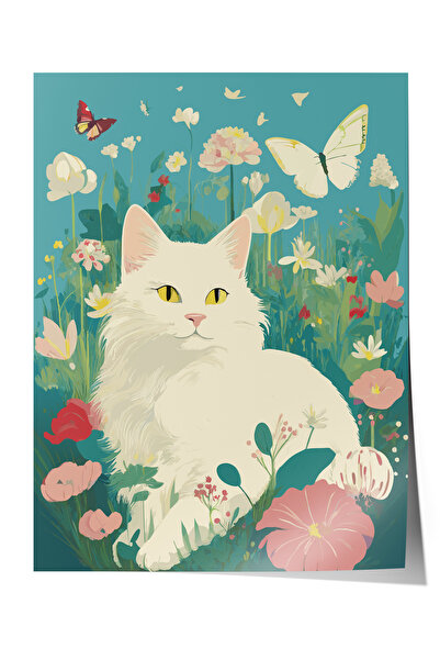 Zestia Poster fără ramă, Pisică drăguță cu flori de primăvară, Poster decorat...