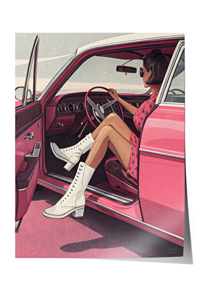 Zestia Poster fără ramă, mașină retro roz și femeie, poster decorativ pentru ...