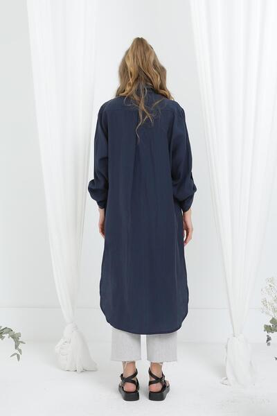 Puane Women's Long Shirt Tunic with Epaulettes on the Sleeves - 10685Tun - Navy