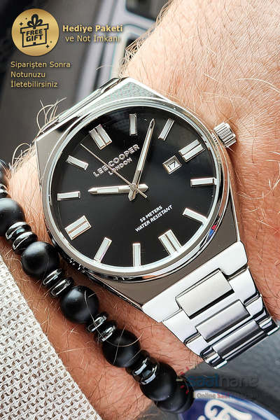 Lee Cooper ساعة يد رجالية من سلسلة خاصة من الفولاذ مع سوار أسود وقرص أسود مع ...