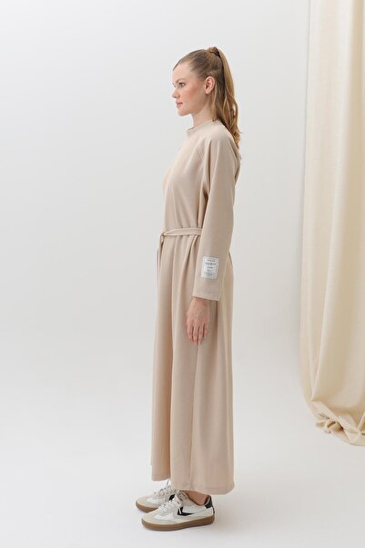 Puane Kadın Kuşak Detaylı Rahat Kesim Triko Elbise-12590ELB - Bej