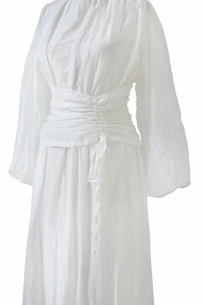 Loreen Women's Waist Detailed Long Dress -20712Elb - Ecru