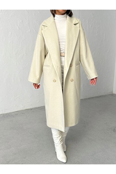 BEJNA Women's Cream Buttoned Soft Textured Cashmere Coat