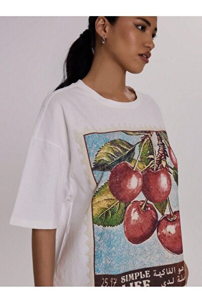 Kaptins Women's White T-Shirt with Slogan Cherry Pattern Printed T-Shirt Cotton