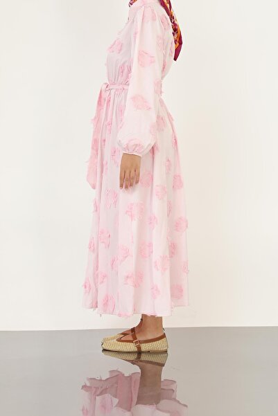 Loreen Women's 3D Floral Patterned Belted Maxi Dress -20695Elb - Pink
