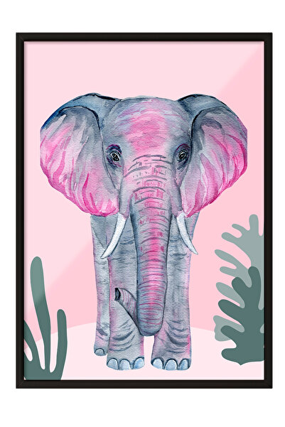 Zestia Tablou cu ramă neagră, Ilustrație tropicală cu elefant roz, Poster dec...