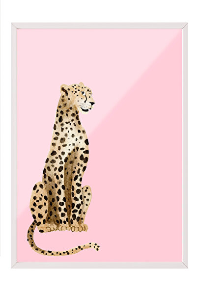 Zestia Tablou cu ramă albă, ilustrație leopard pe fundal roz, poster decorati...