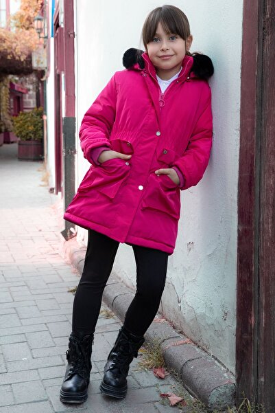 Cansın Mini Pink Padded Coat with Pockets, Fur Inside, Detachable Hood for Girls 21483