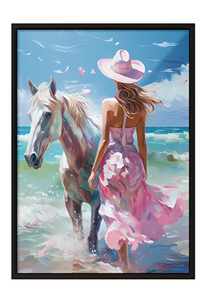 Zestia Tablou înrămat negru, Femeie cu pălărie lângă mare, Poster decorativ p...