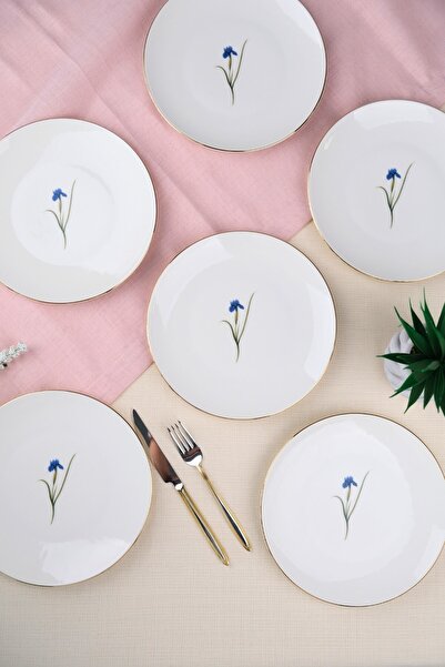 tabakevi Tabak Evi Porcelain Natura Iris Gold Gilded Cake Plate 20.50cm Set of 6