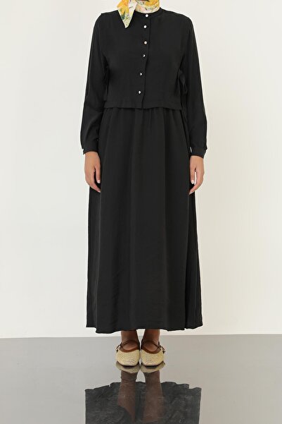 Loreen Γυναικείο μακρυμάνικο μάξι φόρεμα με μίνιμαλ κουμπιά-20691ELB - Μαύρο