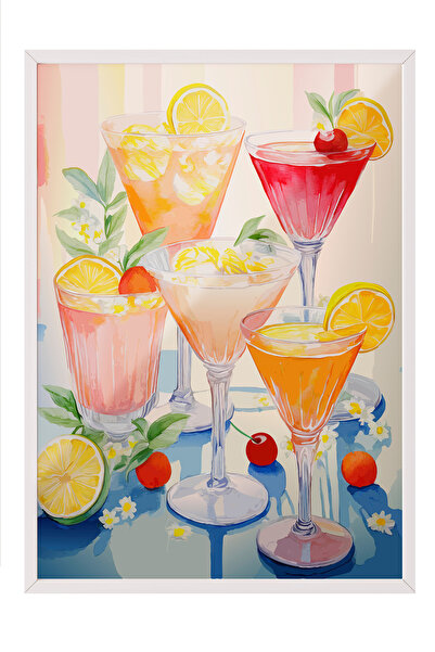 Zestia Tablou înrămat alb, design cu pahare de cocktail colorate, poster deco...