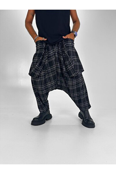 Superbluemexico Unisex Jacquard Plaid Patterned Avant-Garde Balloon Pocket Baggy Trousers