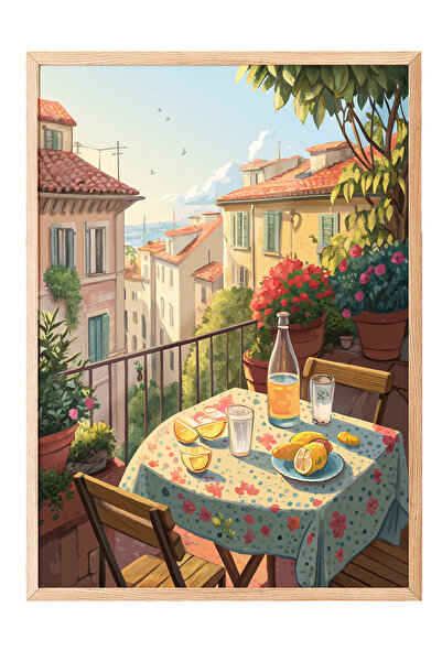 Zestia Tablou cu ramă din lemn, peisaj de balcon și stradă în stil toscan, po...