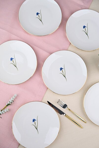 tabakevi Tabak Evi Porcelain Natura Iris Gold Gilded Cake Plate 20.50cm Set of 6