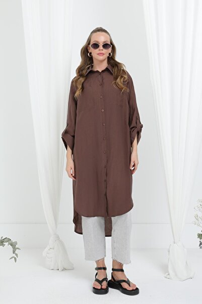 Puane Women's Long Shirt Tunic with Epaulettes on the Sleeves - 10685Tun - Brown