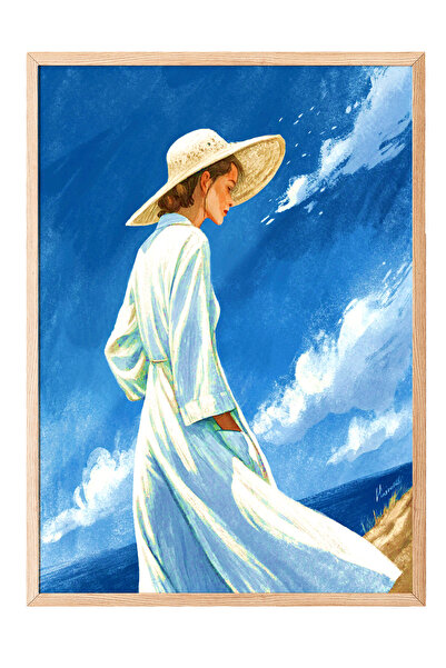 Zestia Πίνακας με ξύλινο πλαίσιο, Γυναίκα με λευκό φόρεμα στην παραλία, Διακό...