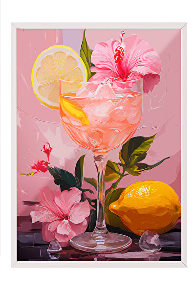 Zestia Πίνακας με λευκό πλαίσιο, Σχέδιο ροζ φόντου με λεμονόχυμο ποτό, Διακοσ...